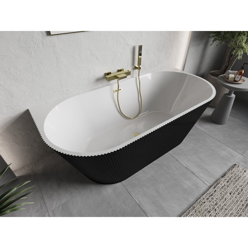 Mexen Oris freistehende geriffelte Wanne zur Wandmontage 150 x 75 cm, weiß/schwarz, Überlauf gebürstet gold - 52871507575-55