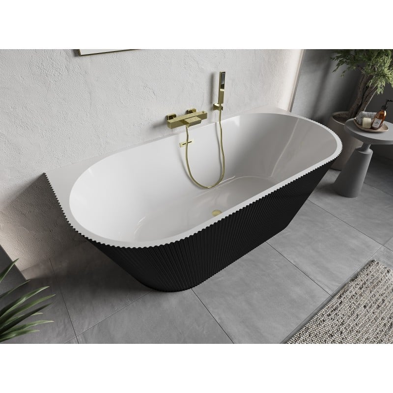 Mexen Oris freistehende wandstehende Badewanne geriffelt 150 x 75 cm, weiß/schwarz, Überlauf gold gebürstet - 52871507575-55