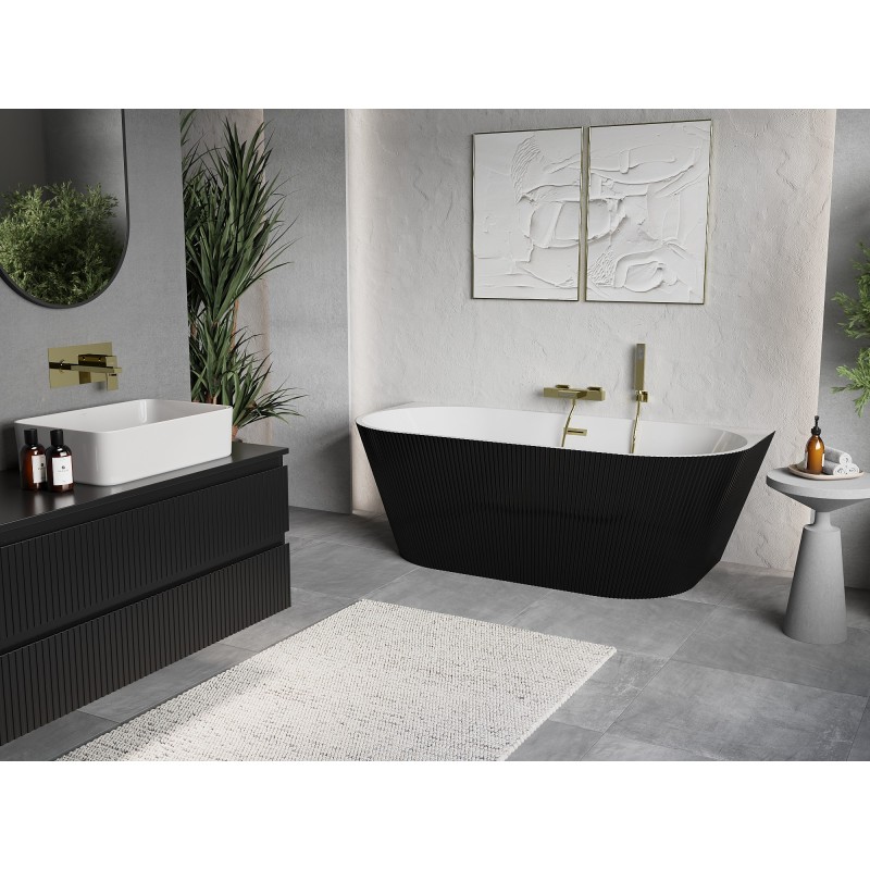 Mexen Oris freistehende wandstehende Badewanne geriffelt 150 x 75 cm, weiß/schwarz, Überlauf gold gebürstet - 52871507575-55