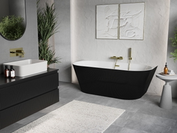 Mexen Oris freistehende wandstehende Badewanne geriffelt 150 x 75 cm, weiß/schwarz, Überlauf gold gebürstet - 52871507575-55