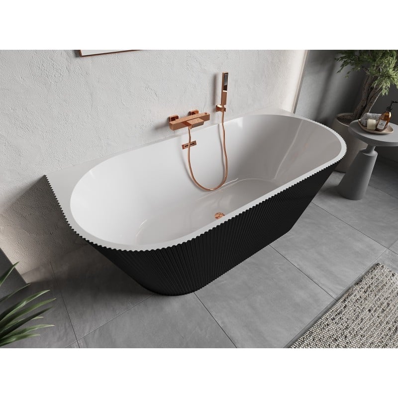 Mexen Oris freistehende gerippte Wanne an der Wand 150 x 75 cm, weiß/schwarz, Überlauf Roségold - 52871507575-60