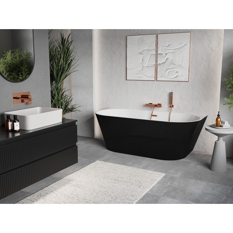 Mexen Oris freistehende gerippte Wanne an der Wand 150 x 75 cm, weiß/schwarz, Überlauf Roségold - 52871507575-60