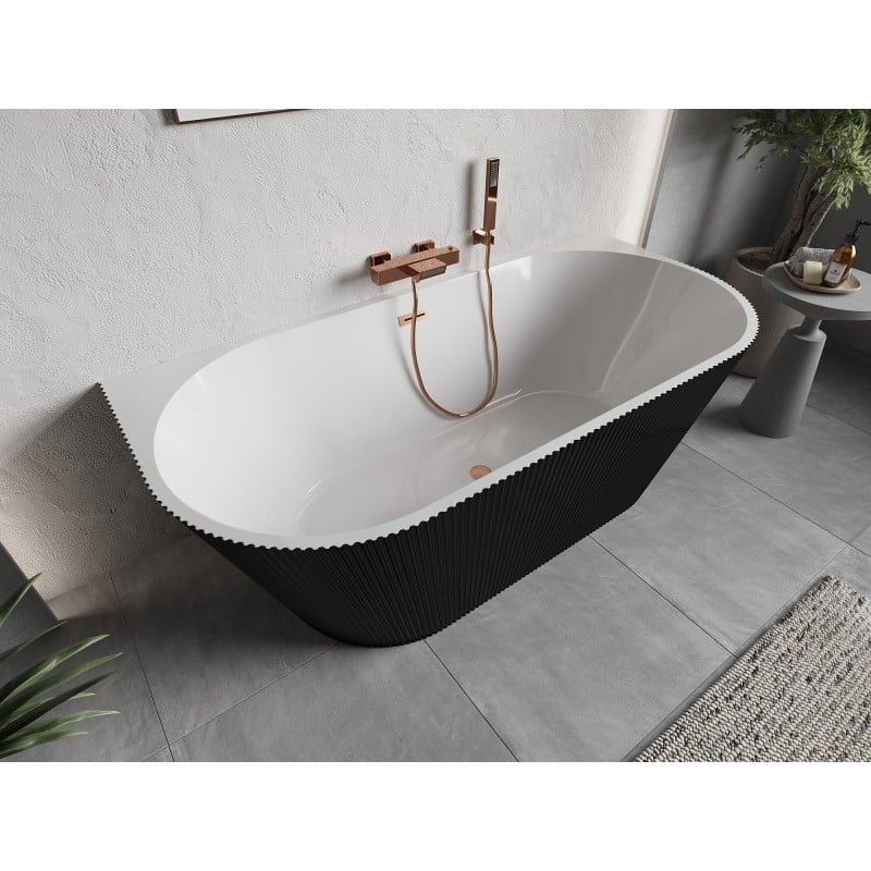 Mexen Oris freistehende Wandbadewanne mit Riffelung 150 x 75 cm, weiß/schwarz, Überlauf gebürstetes Kupfer - 52871507575-65