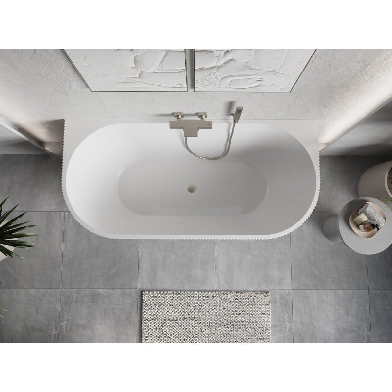 Mexen Oris freistehende gerillte Wanne 150 x 75 cm, weiß/schwarz, Überlauf gebürstetes Nickel - 52871507575-97