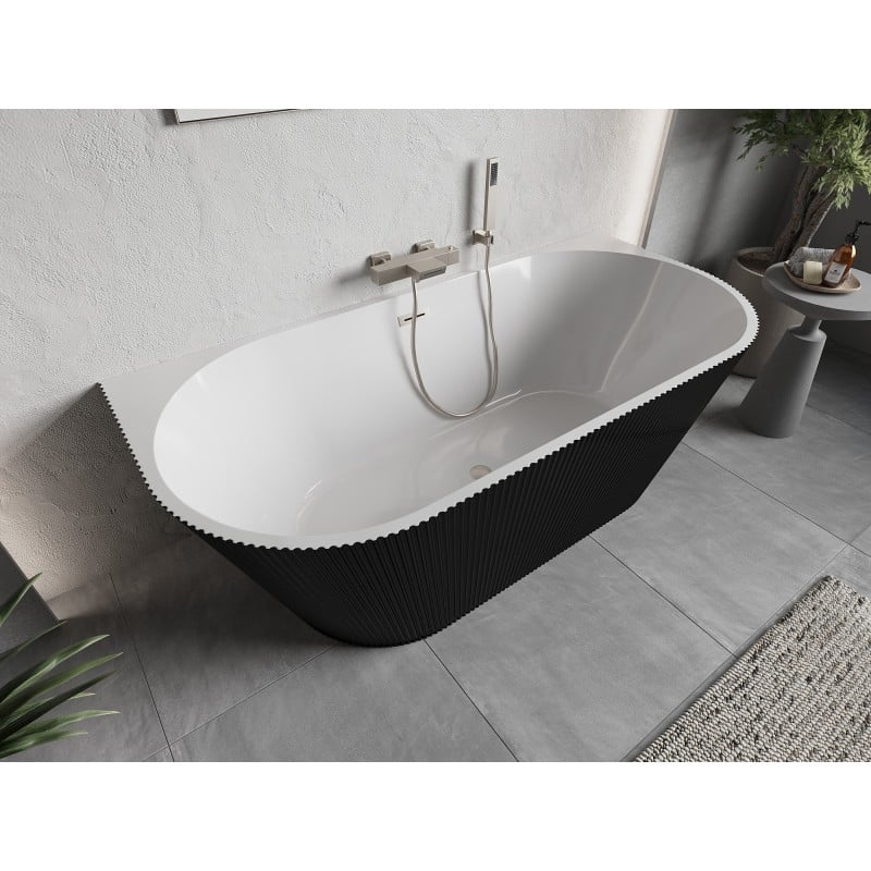 Mexen Oris freistehende gerillte Wanne 150 x 75 cm, weiß/schwarz, Überlauf gebürstetes Nickel - 52871507575-97