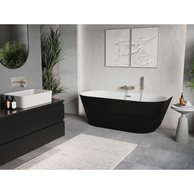 Mexen Oris freistehende gerillte Wanne 150 x 75 cm, weiß/schwarz, Überlauf gebürstetes Nickel - 52871507575-97