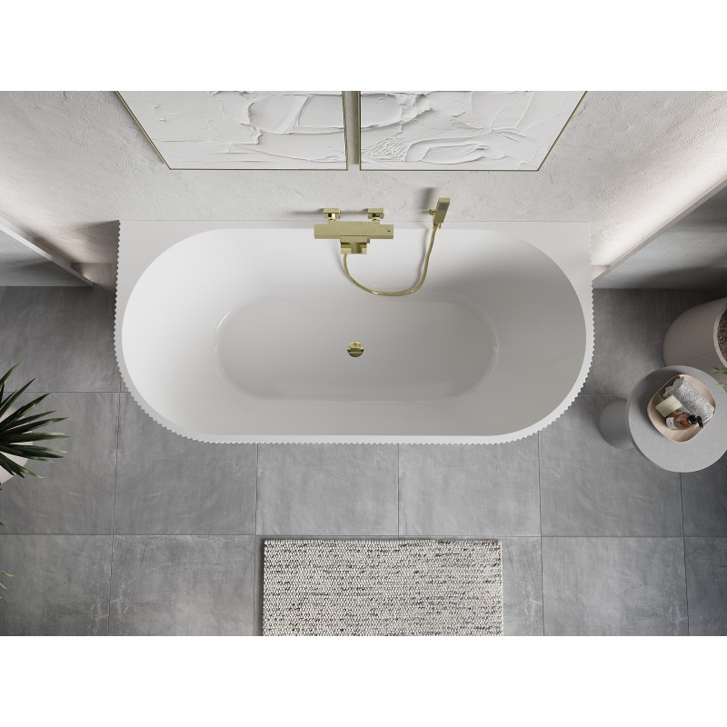 Mexen Oris freistehende wandnahe geriffelte Wanne 170 x 80 cm, weiß, Überlauf in gebürstetem Gold - 52871708000-55