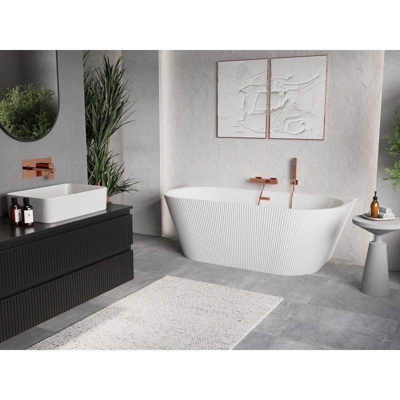 Mexen Oris freistehende wandstehende Wanne geriffelt 170 x 80 cm, weiß, Überlauf Roségold - 52871708000-60