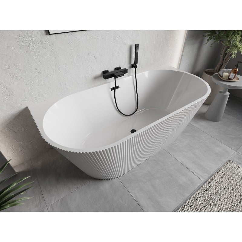 Mexen Oris freistehende, wandnahe, geriffelte Badewanne 170 x 80 cm, weiß, schwarzer Überlauf - 52871708000-70
