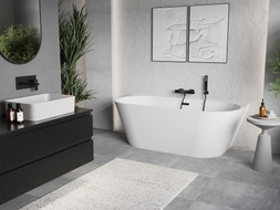 Mexen Oris freistehende, wandnahe, geriffelte Badewanne 170 x 80 cm, weiß, schwarzer Überlauf - 52871708000-70