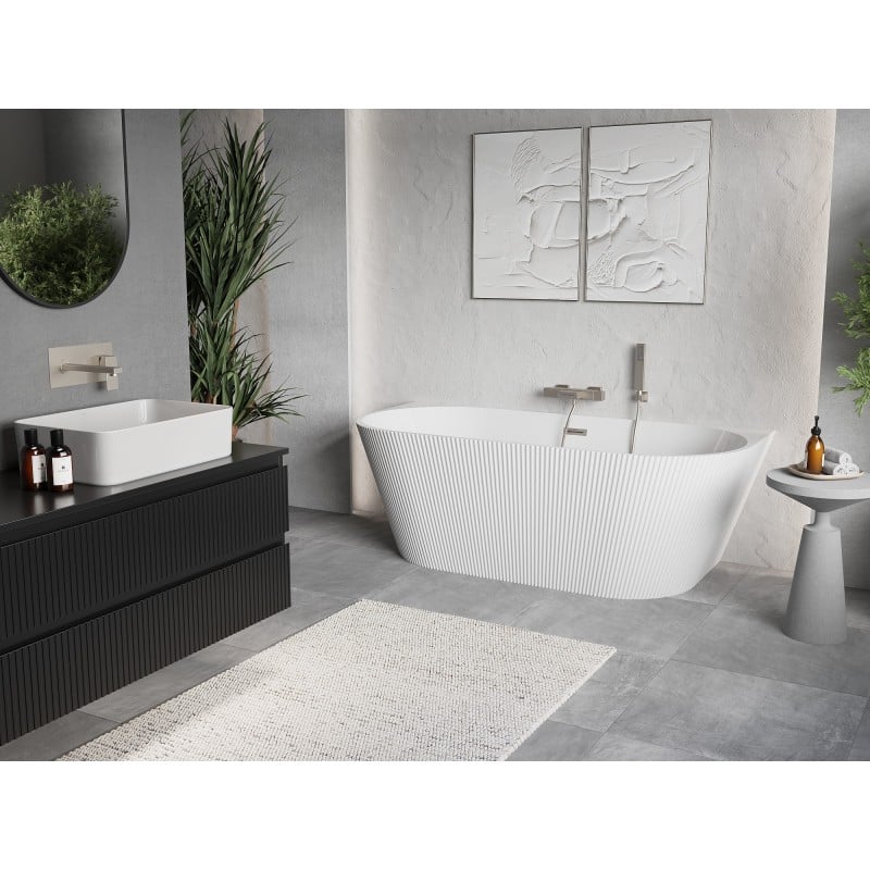 Mexen Oris freistehende halbwandige geriffelte Badewanne 170 x 80 cm, weiß, Überlauf gebürsteter Nickel - 52871708000-97