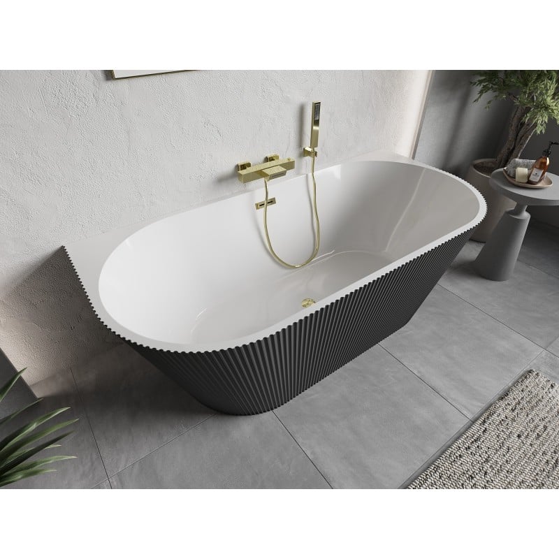 Mexen Oris freistehende, gerillte Wanne an der Wand 170 x 80 cm, weiß/grau, Überlauf gold - 52871708062-50