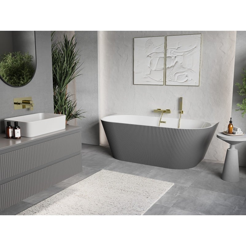 Mexen Oris freistehende, gerillte Wanne an der Wand 170 x 80 cm, weiß/grau, Überlauf gold - 52871708062-50