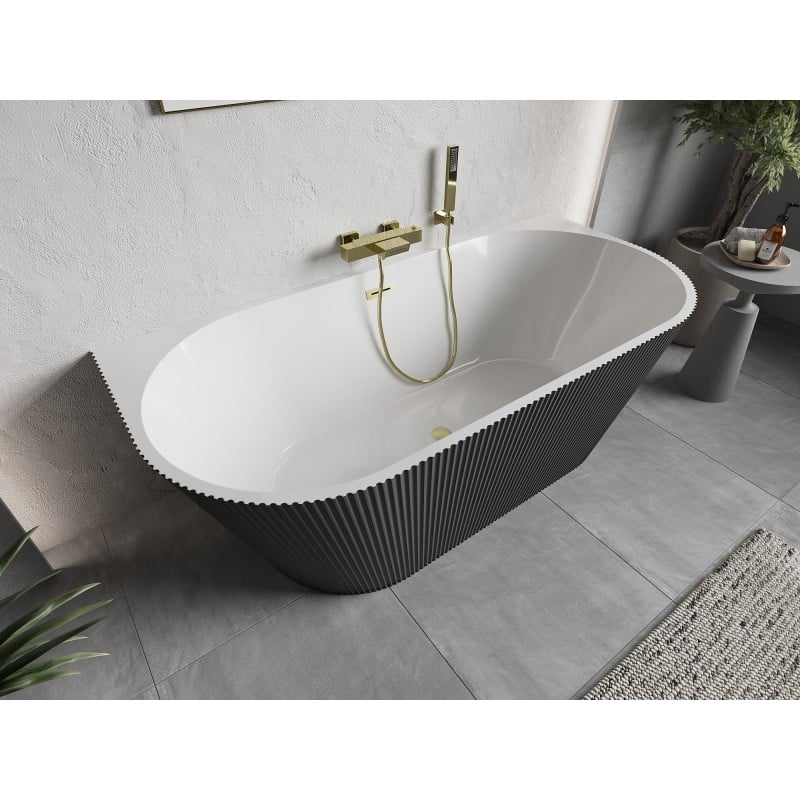 Mexen Oris freistehende wandnahe gerillte Wanne 170 x 80 cm, weiß/grau, Überlauf gold gebürstet - 52871708062-55