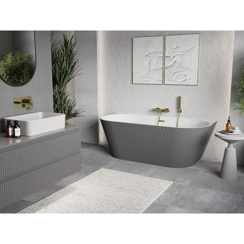Mexen Oris freistehende wandnahe gerillte Wanne 170 x 80 cm, weiß/grau, Überlauf gold gebürstet - 52871708062-55