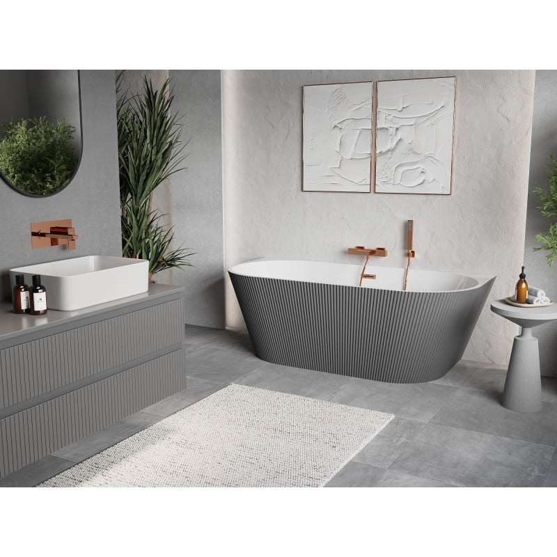 Mexen Oris freistehende Wandbadewanne geriffelt 170 x 80 cm, weiß/grau, Überlauf Roségold - 52871708062-60