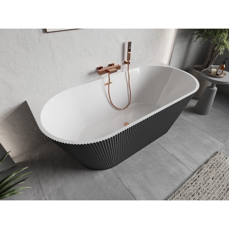 Mexen Oris freistehende, gerippte Wandbadewanne 170 x 80 cm, weiß/grau, überlauf gebürstetes Kupfer - 52871708062-65