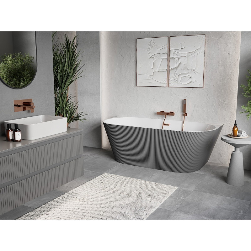 Mexen Oris freistehende geriffelte Wandwanne 170 x 80 cm, weiß/grau, Überlauf aus gebürstetem Kupfer - 52871708062-65
