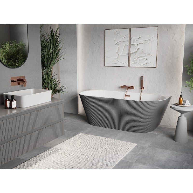 Mexen Oris freistehende, gerippte Wandbadewanne 170 x 80 cm, weiß/grau, überlauf gebürstetes Kupfer - 52871708062-65