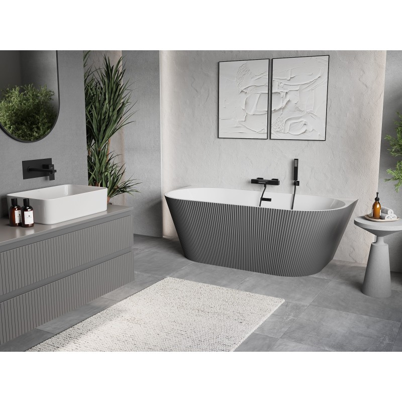Mexen Oris freistehende, gerippte Wanne an der Wand 170 x 80 cm, weiß/grau, schwarzer Überlauf - 52871708062-70