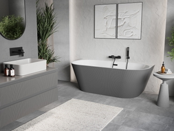 Mexen Oris freistehende, gerippte Wanne an der Wand 170 x 80 cm, weiß/grau, schwarzer Überlauf - 52871708062-70