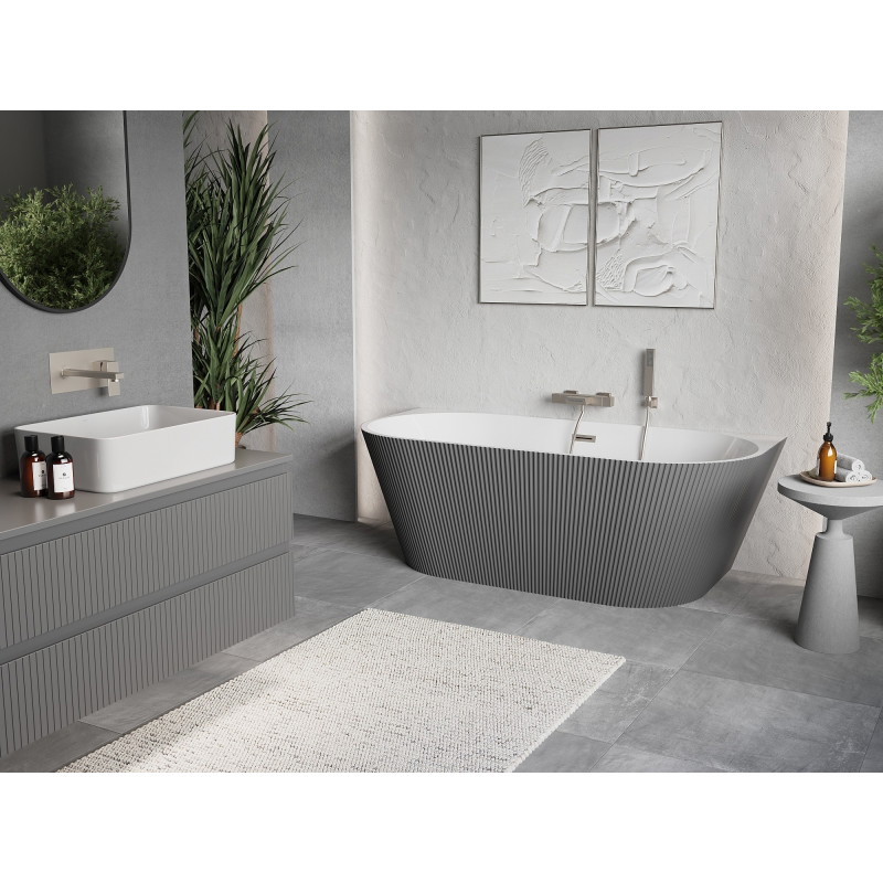 Mexen Oris freistehende an der Wand stehende geriffelte Badewanne 170 x 80 cm, weiß/grau, Ablauf aus gebürstetem Nickel