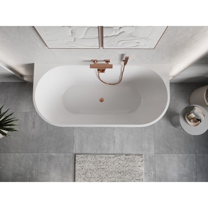 Mexen Oris freistehende, wandnahe, gerillte Badewanne 170 x 80 cm, weiß/schwarz, Überlauf gebürstetes Kupfer - 52871708075-65
