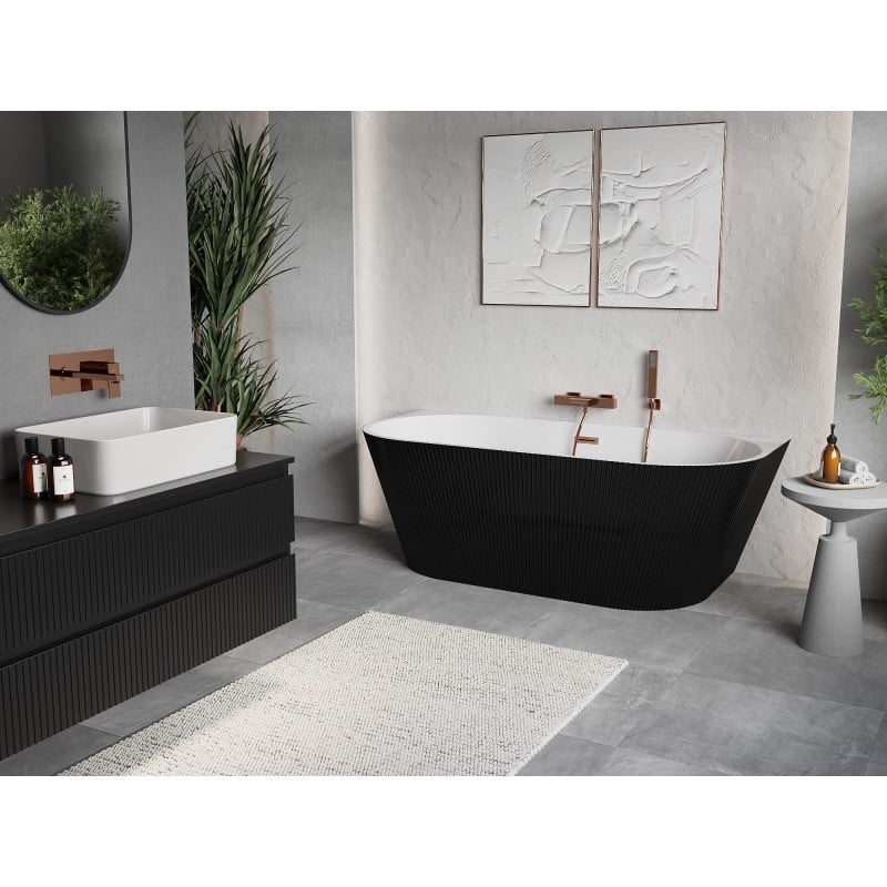 Mexen Oris freistehende, wandnahe, gerillte Badewanne 170 x 80 cm, weiß/schwarz, Überlauf gebürstetes Kupfer - 52871708075-65