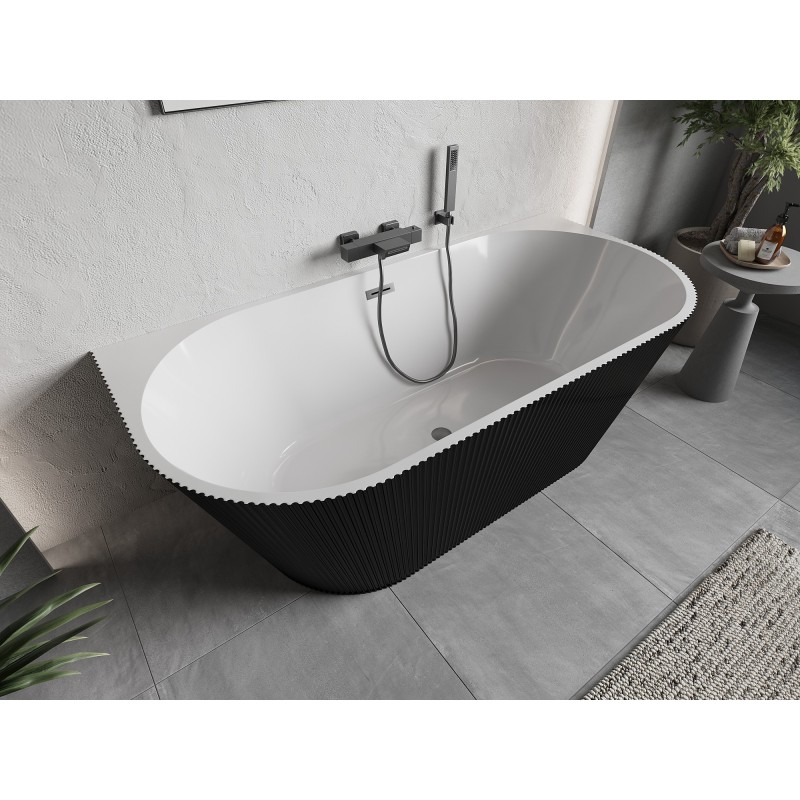 Mexen Oris freistehende, wandnahe, geriffelte Wanne 170 x 80 cm, weiß/schwarz, Überlauf Gun Gray gebürstet - 52871708075-66