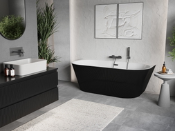 Mexen Oris freistehende, wandnahe, geriffelte Wanne 170 x 80 cm, weiß/schwarz, Überlauf Gun Gray gebürstet - 52871708075-66