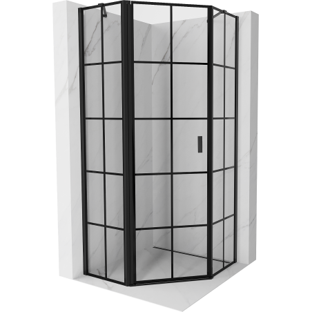 Mexen Mist Fünfeck-Duschkabine, linke Schwingtür 90 x 90 cm, schwarzes Gitter, schwarz - 8A8-090-090-70-77-L