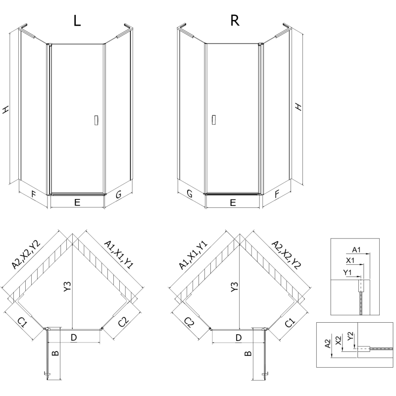 Mexen Mist L Fünfeck-Duschabtrennung Pendeltür 100 x 100 cm, transparent, Chrom - 8A8L-100-100-01-00