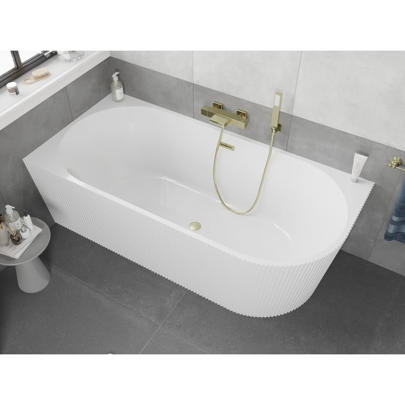 Mexen Silo freistehende Eckbadewanne links geriffelt 150 x 75 cm, weiß, Überlauf gold gebürstet - 52891507500L-55