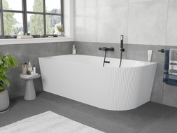 Mexen Silo freistehende Eck-Badewanne links geriffelt 150 x 75 cm, weiß, Überlauf schwarz - 52891507500L-70