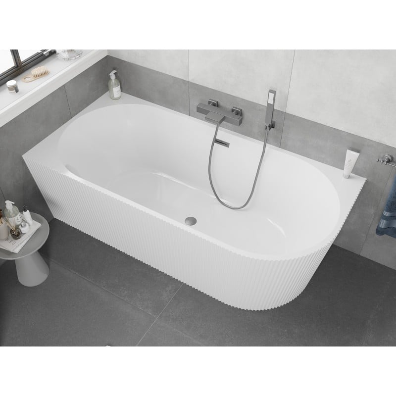 Mexen Silo freistehende Eckbadewanne links geriffelt 150 x 75 cm, weiß, Überlauf Gun Metal - 52891507500L-95