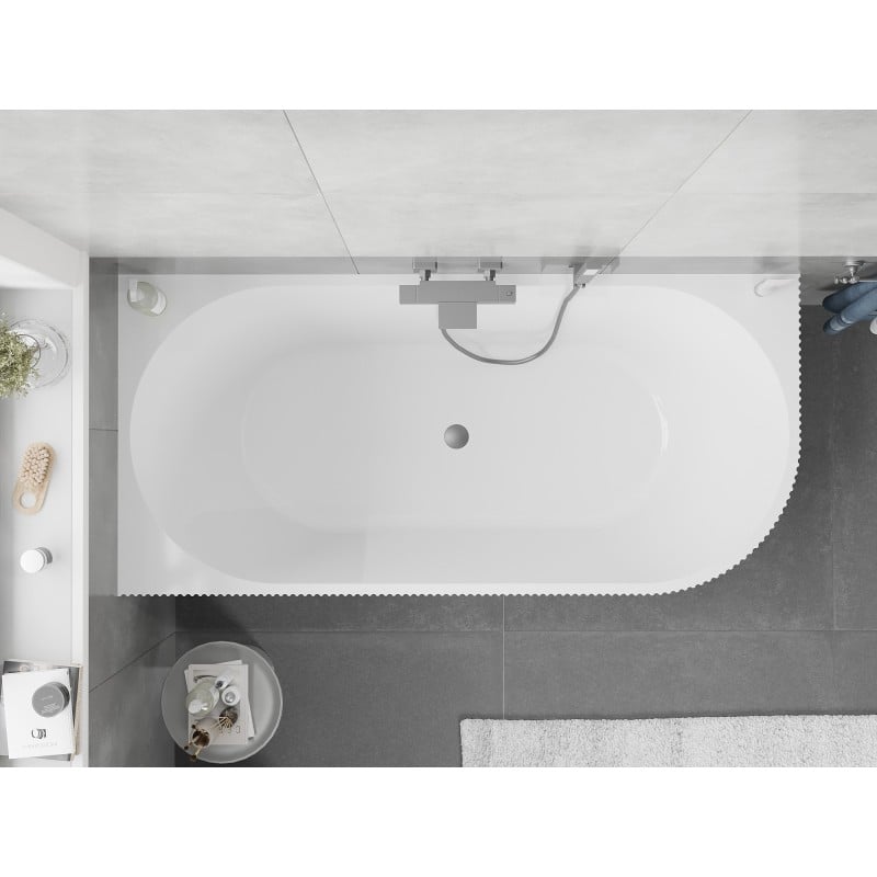 Mexen Silo freistehende Eckbadewanne links geriffelt 150 x 75 cm, weiß, Überlauf Gun Metal - 52891507500L-95