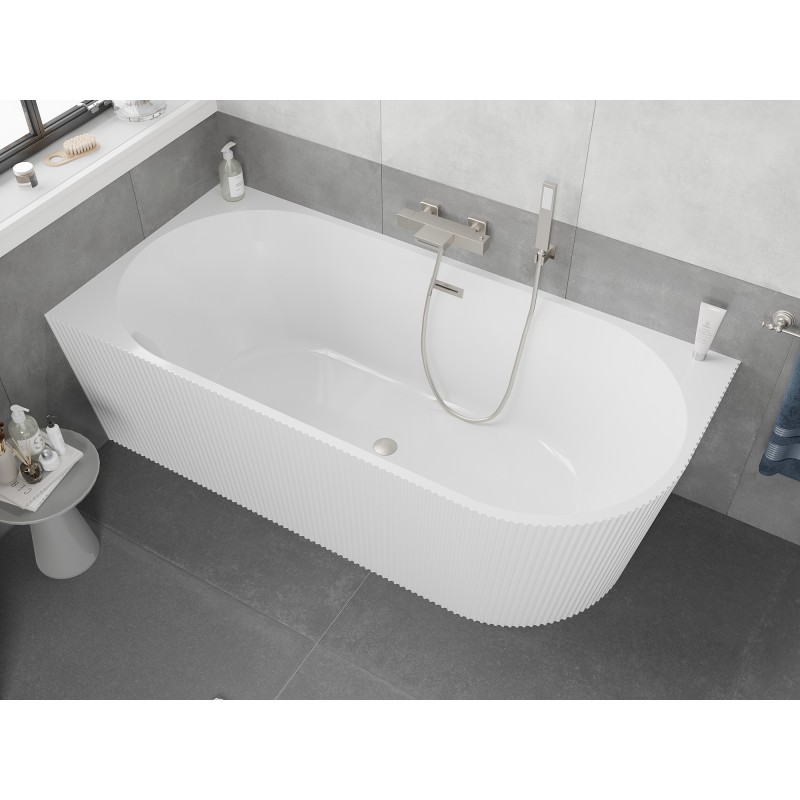 Mexen Silo freistehende Eckbadewanne links geriffelt 150 x 75 cm, weiß, Überlauf gebürsteter Nickel - 52891507500L-97