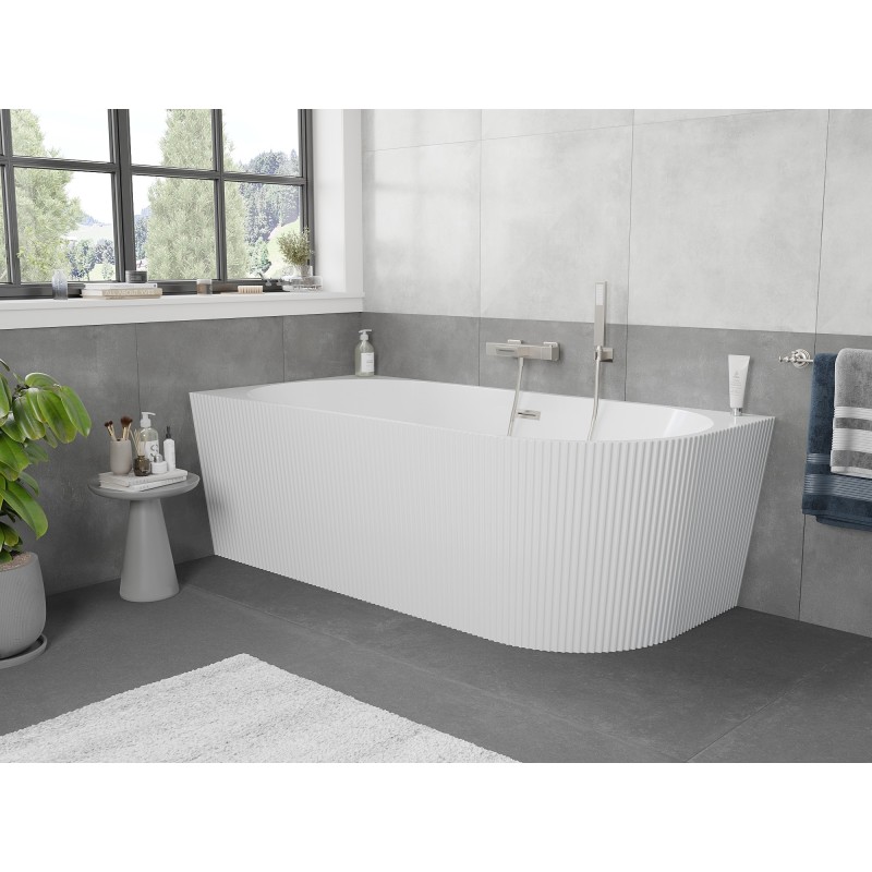 Mexen Silo freistehende Eckbadewanne links geriffelt 150 x 75 cm, weiß, Überlauf gebürsteter Nickel - 52891507500L-97