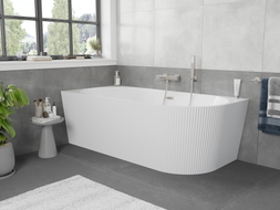 Mexen Silo freistehende Eckbadewanne links geriffelt 150 x 75 cm, weiß, Überlauf gebürsteter Nickel - 52891507500L-97