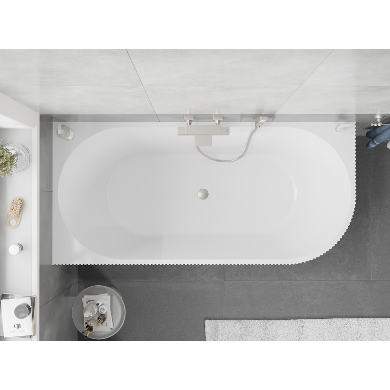 Mexen Silo freistehende Eckbadewanne links geriffelt 150 x 75 cm, weiß, Überlauf gebürsteter Nickel - 52891507500L-97