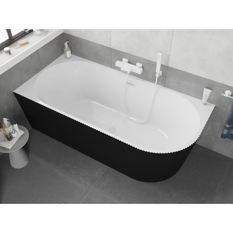Mexen Silo freistehende Eckbadewanne links gerillt 150 x 75 cm, weiß/schwarz, Überlauf weiß- 52891507575L-20