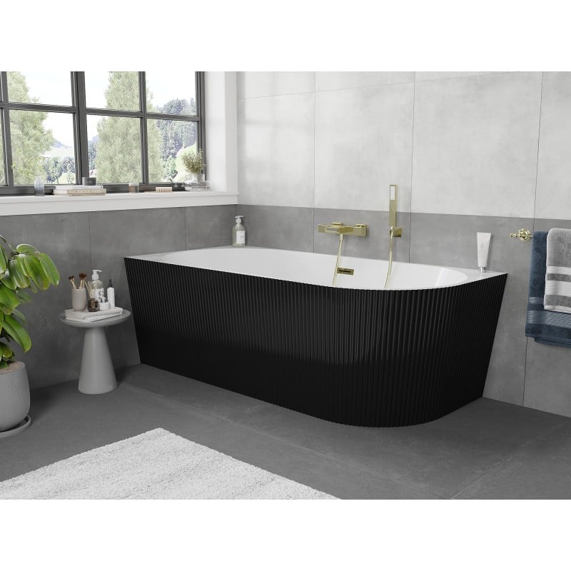 Mexen Silo freistehende Eckbadewanne links geriffelt 150 x 75 cm, weiß/schwarz, Überlauf gold- 52891507575L-50