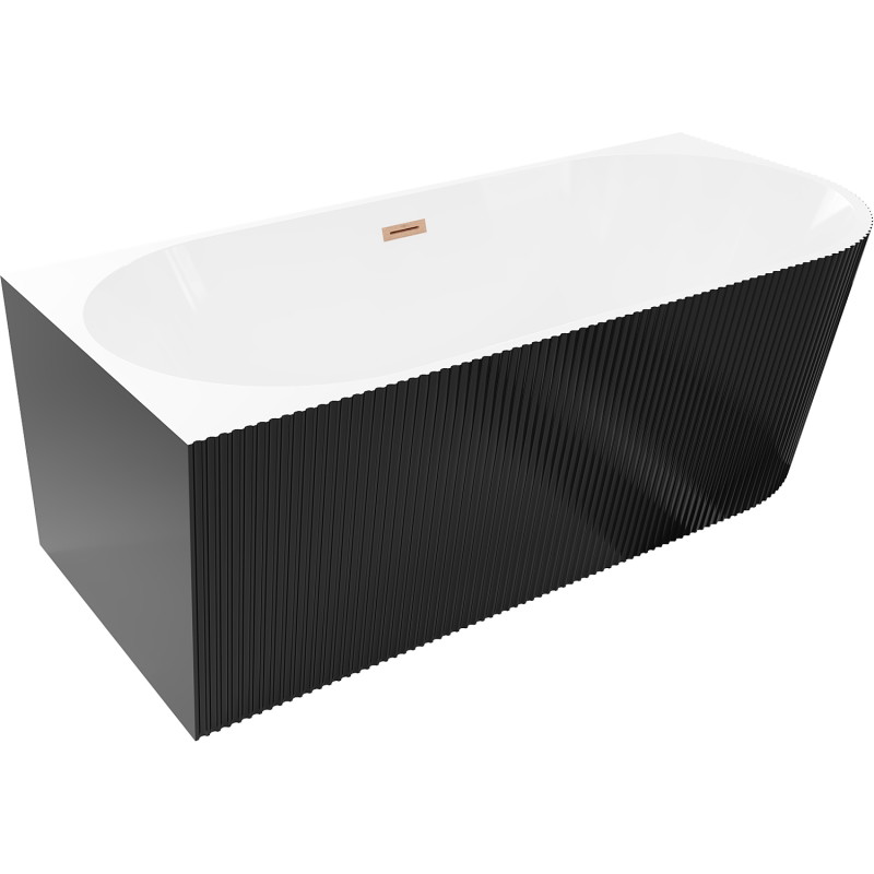 Mexen Silo freistehende Eckbadewanne links gerillt 150 x 75 cm, weiß/schwarz, Überlauf gebürstetes Kupfer - 52891507575L-65