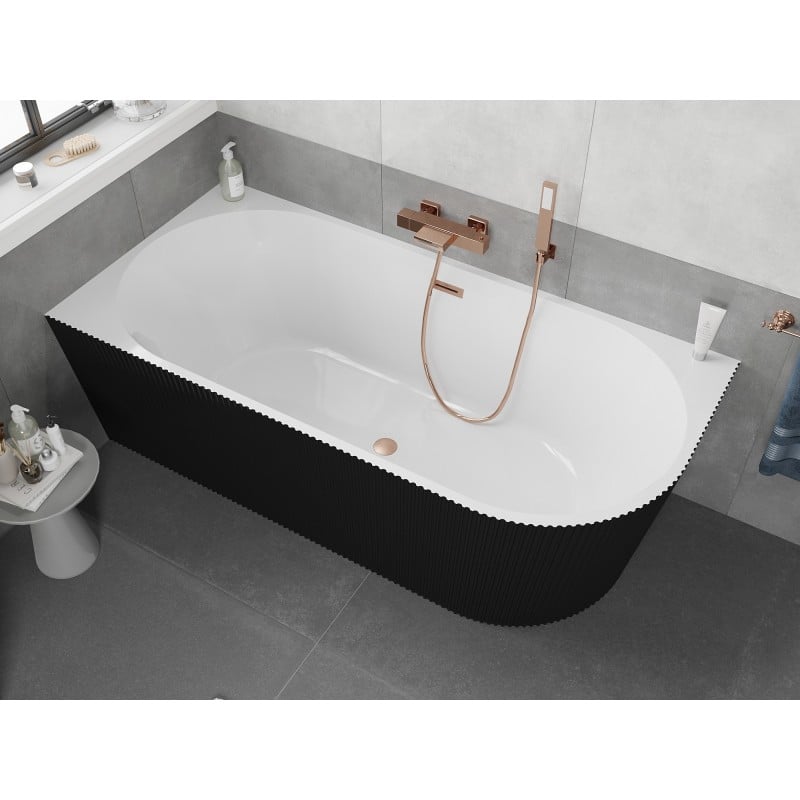 Mexen Silo freistehende Eckbadewanne links geriffelt 150 x 75 cm, weiß/schwarz, Überlauf gebürstetes Kupfer - 52891507575L-65