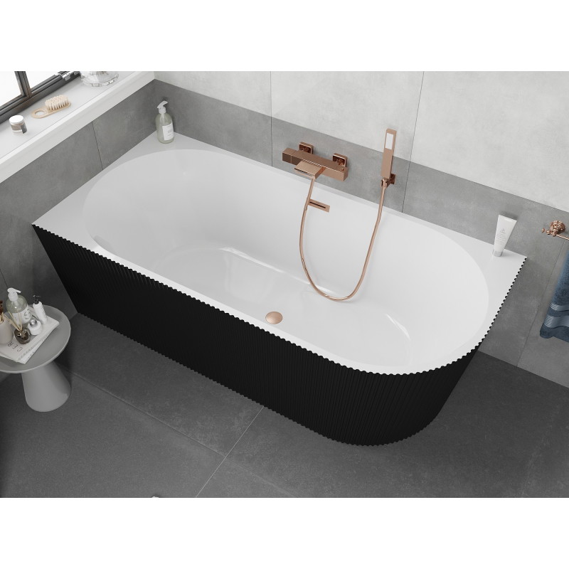Mexen Silo freistehende Eckbadewanne links gerillt 150 x 75 cm, weiß/schwarz, Überlauf gebürstetes Kupfer - 52891507575L-65