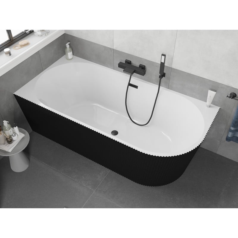Mexen Silo freistehende Eckbadewanne links gerillt 150 x 75 cm, weiß/schwarz, Überlauf schwarz - 52891507575L-70