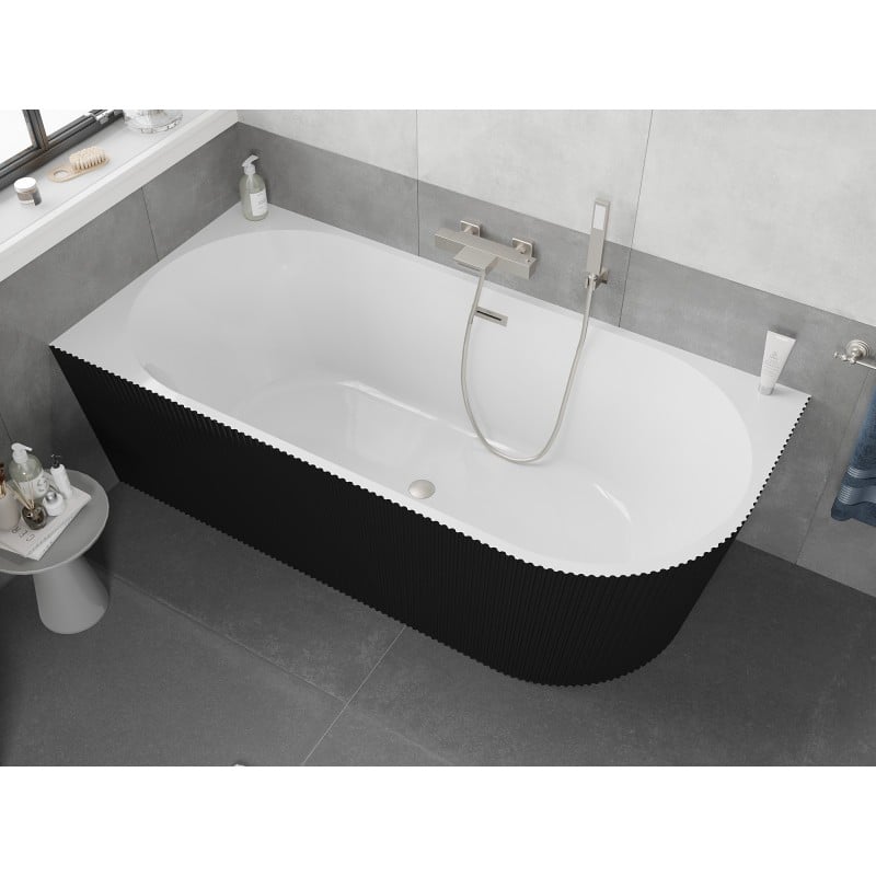 Mexen Silo freistehende Eckbadewanne links geriffelt 150 x 75 cm, weiß/schwarz, Überlauf gebürsteter Nickel - 52891507575L-97