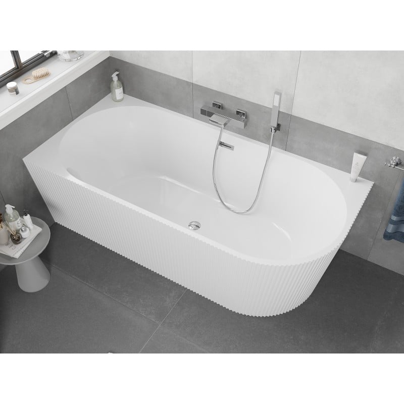 Mexen Silo freistehende Eckbadewanne links geriffelt 170 x 80 cm, weiß, Überlauf chrom - 52891708000L-01
