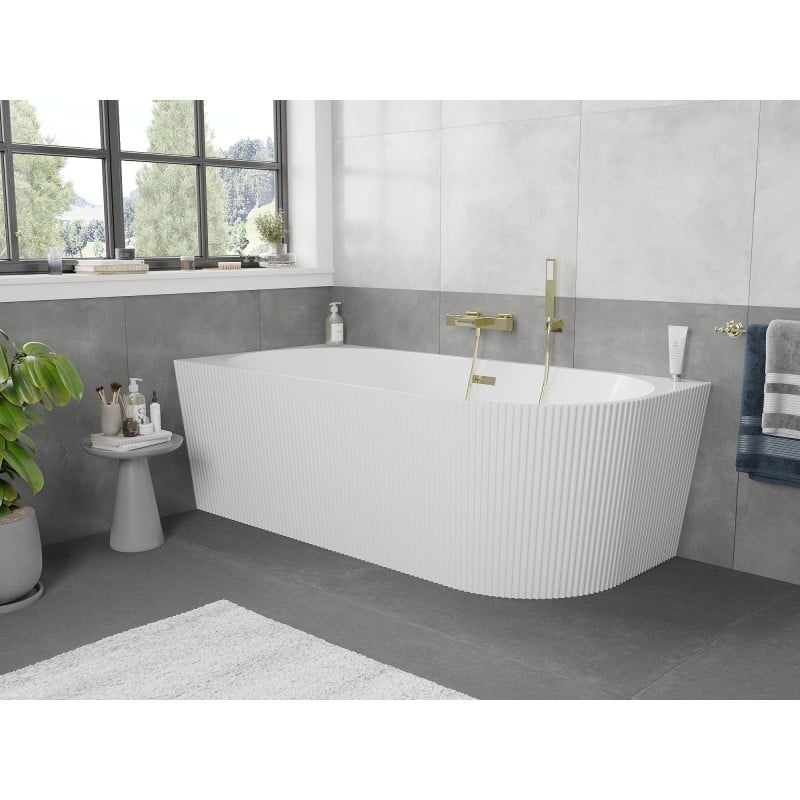 Mexen Silo freistehende Eckbadewanne links geriffelt 170 x 80 cm, weiß, Überlauf gold - 52891708000L-50