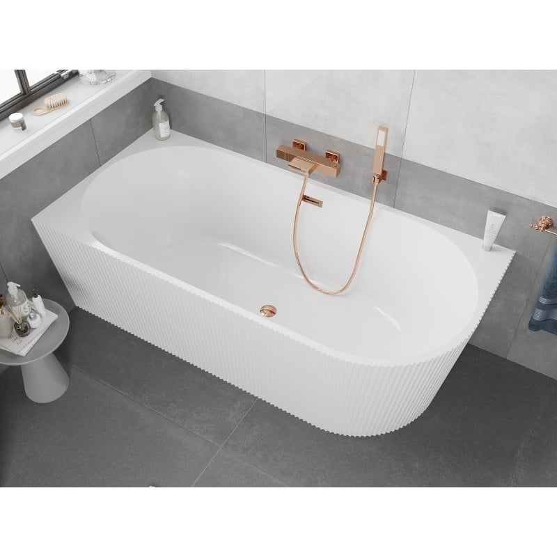 Mexen Silo freistehende Eckbadewanne links geriffelt 170 x 80 cm, weiß, Überlauf Roségold - 52891708000L-60